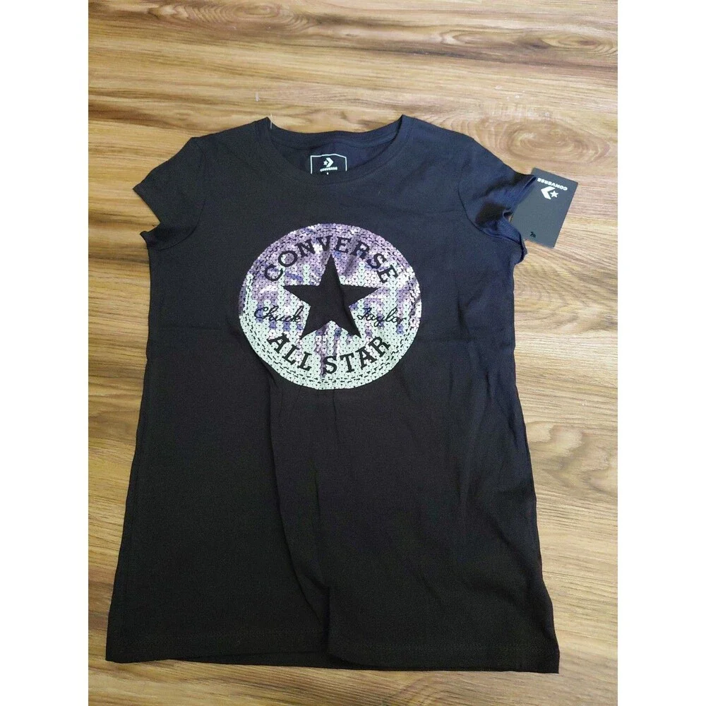 NWT Converse Girls L 12-13 Glitter Graphics All-Star Black Tee Top T-shirt